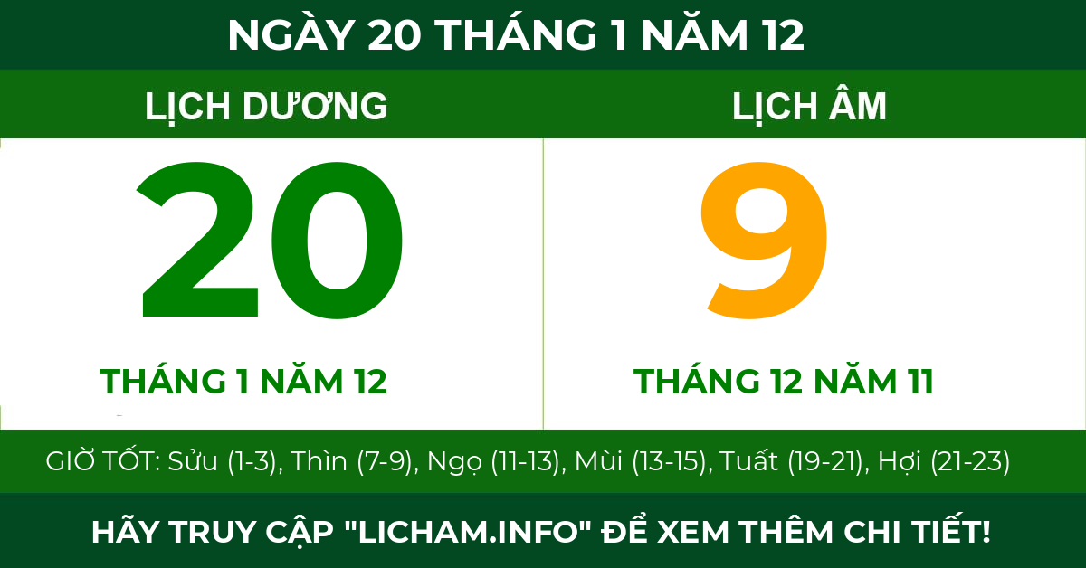 lịch âm ngày 20 tháng 1 năm 12