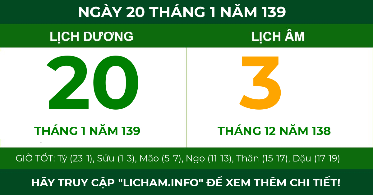 lịch âm ngày 20 tháng 1 năm 139