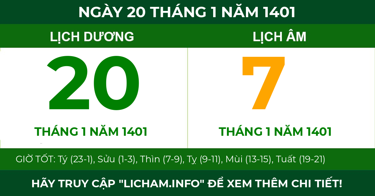 lịch âm ngày 20 tháng 1 năm 1401