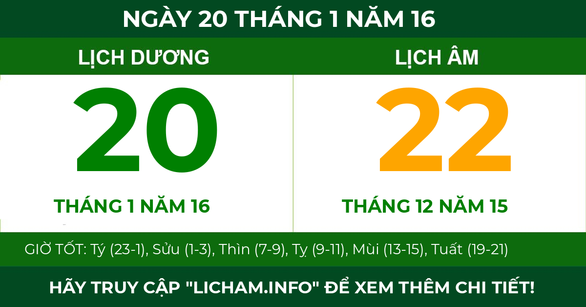 lịch âm ngày 20 tháng 1 năm 16