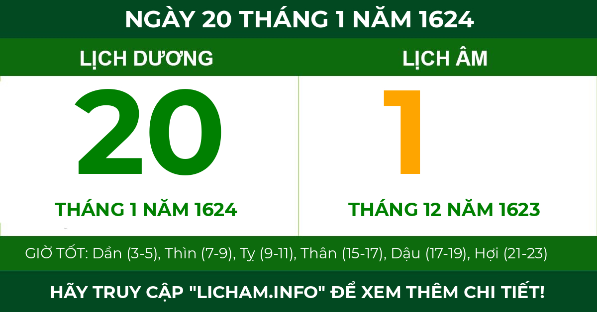 lịch âm ngày 20 tháng 1 năm 1624