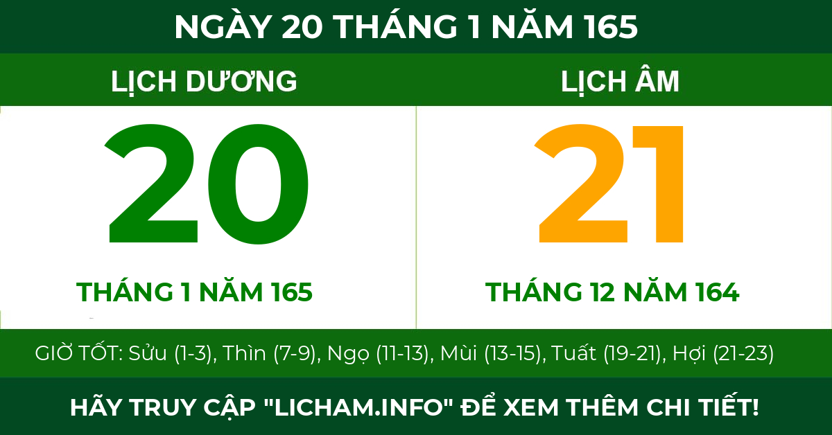 lịch âm ngày 20 tháng 1 năm 165