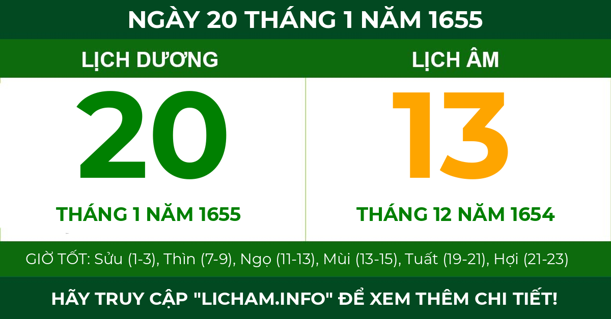 lịch âm ngày 20 tháng 1 năm 1655