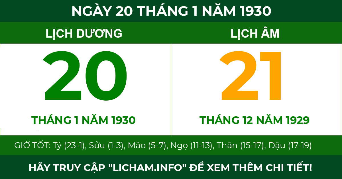lịch âm ngày 20 tháng 1 năm 1930