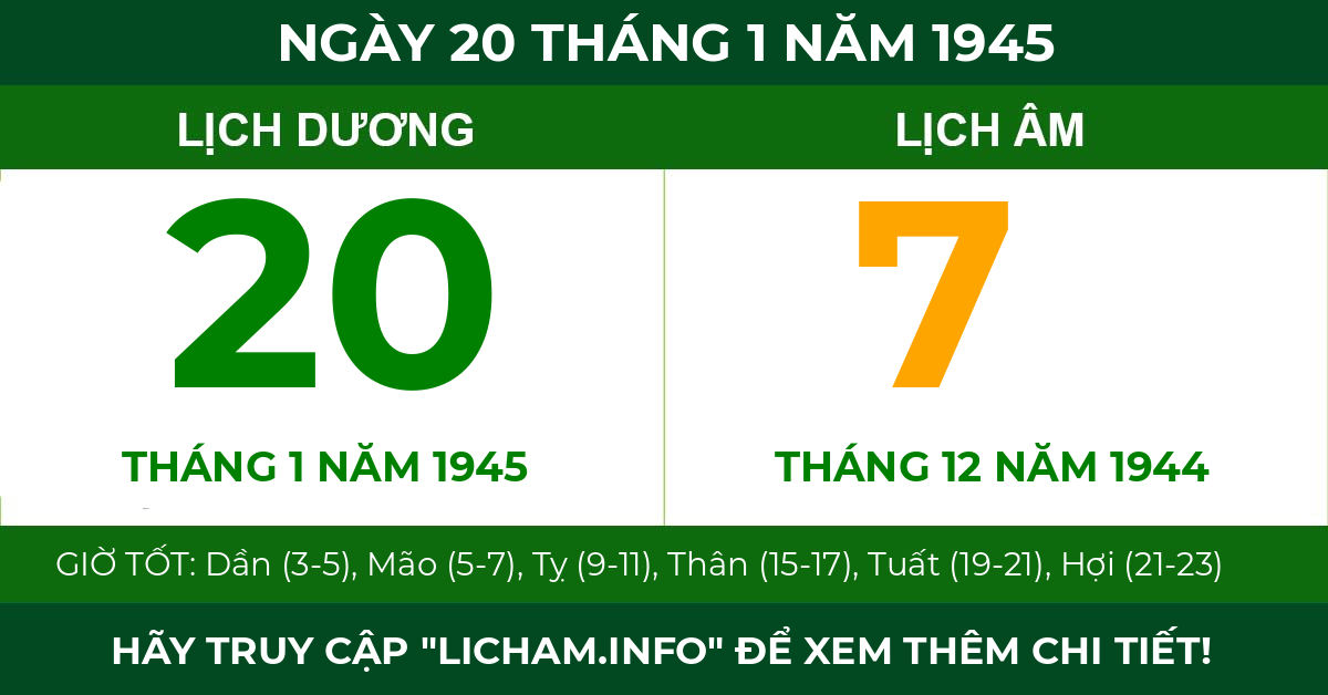 lịch âm ngày 20 tháng 1 năm 1945