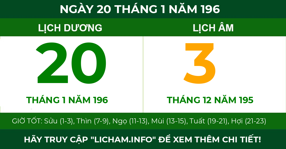 lịch âm ngày 20 tháng 1 năm 196