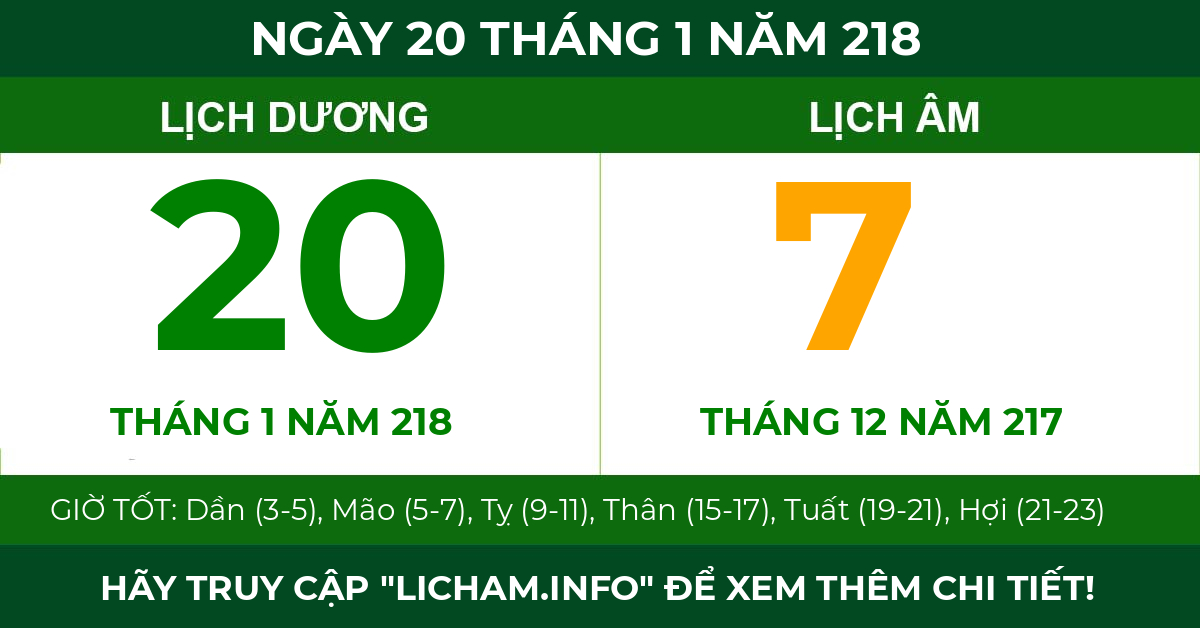 lịch âm ngày 20 tháng 1 năm 218