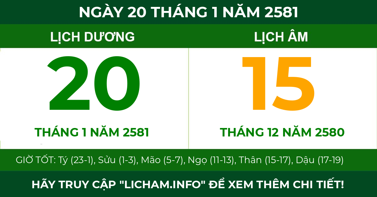 lịch âm ngày 20 tháng 1 năm 2581