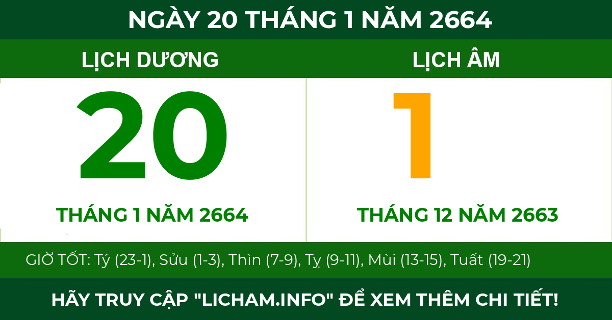 lịch âm ngày 20 tháng 1 năm 2664