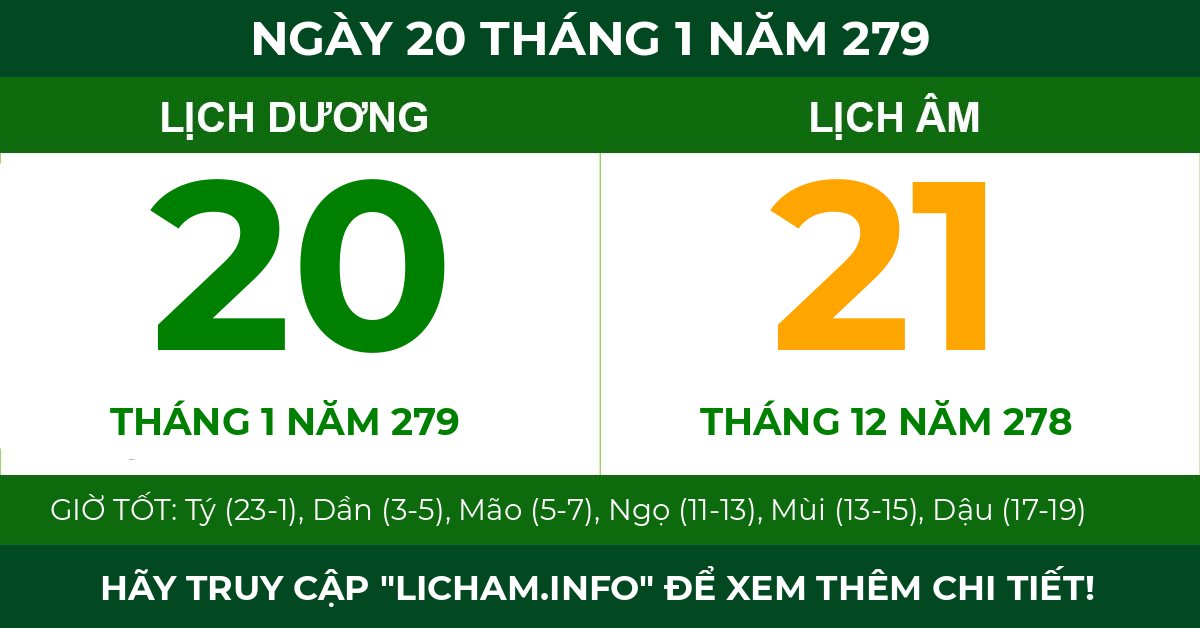 lịch âm ngày 20 tháng 1 năm 279