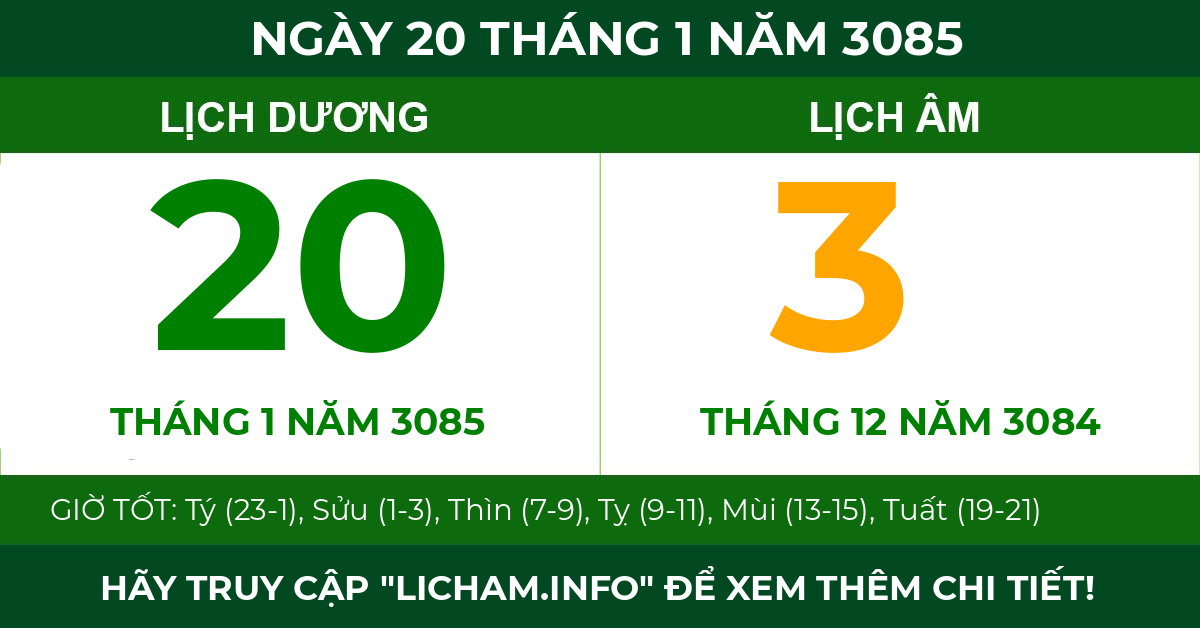 lịch âm ngày 20 tháng 1 năm 3085