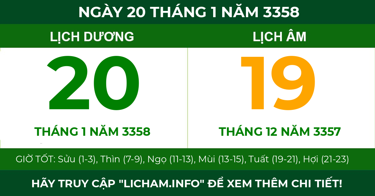 lịch âm ngày 20 tháng 1 năm 3358