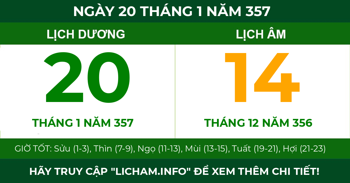 lịch âm ngày 20 tháng 1 năm 357