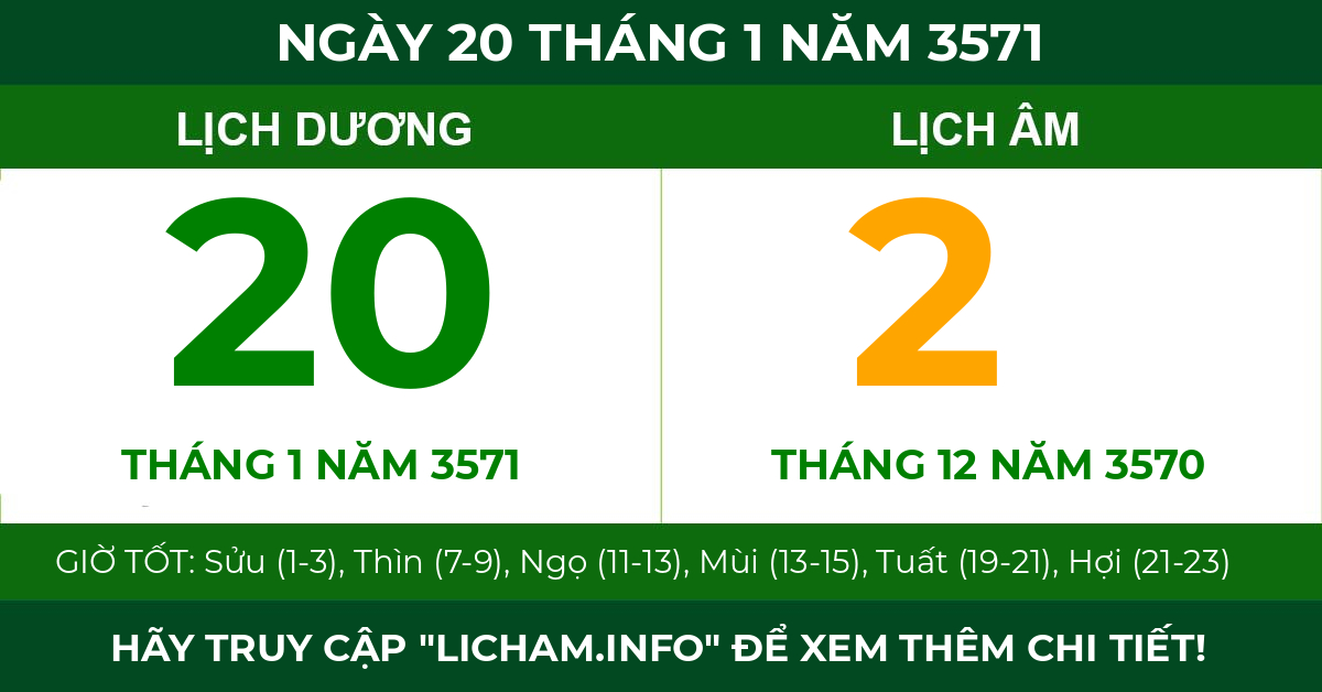 lịch âm ngày 20 tháng 1 năm 3571