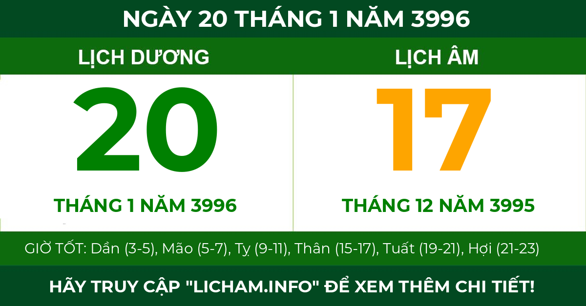 lịch âm ngày 20 tháng 1 năm 3996