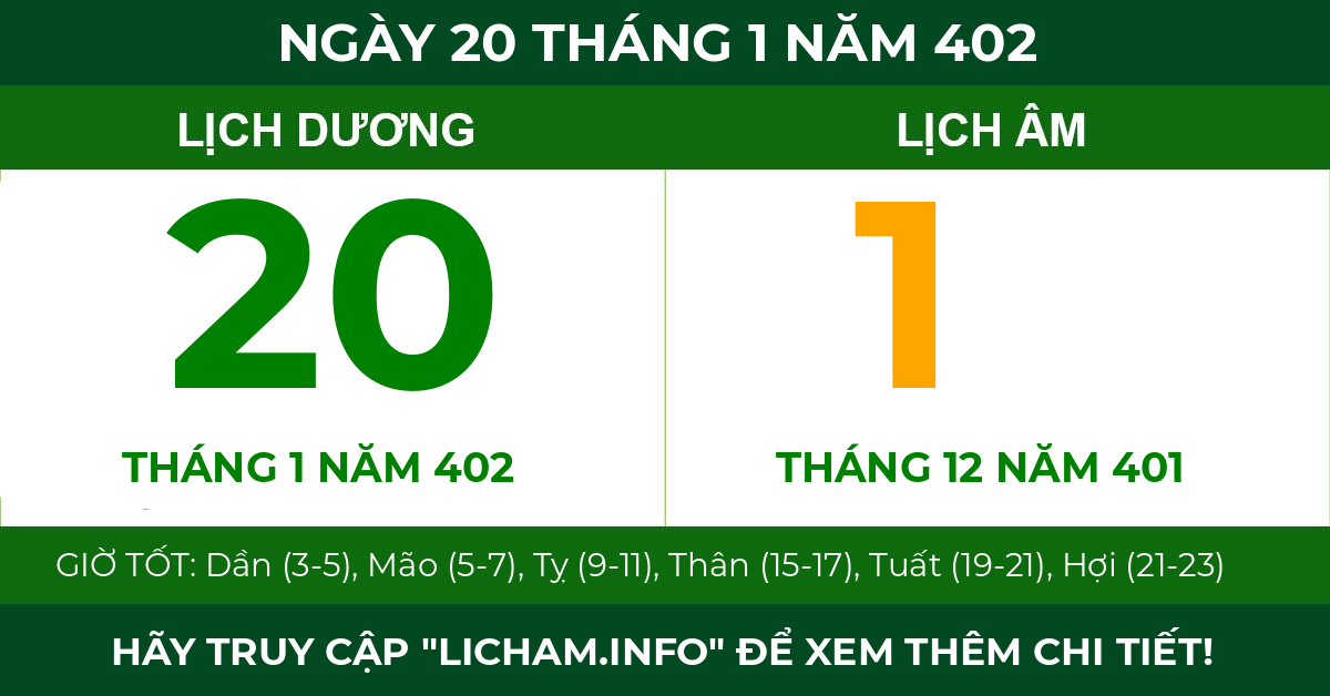 lịch âm ngày 20 tháng 1 năm 402