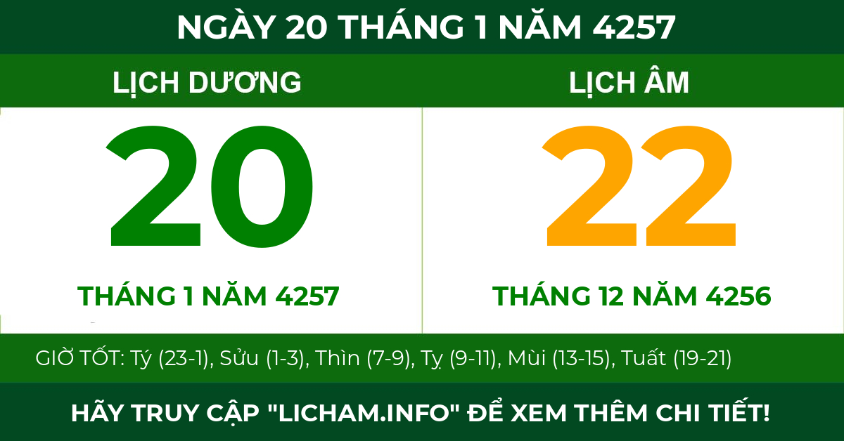 lịch âm ngày 20 tháng 1 năm 4257