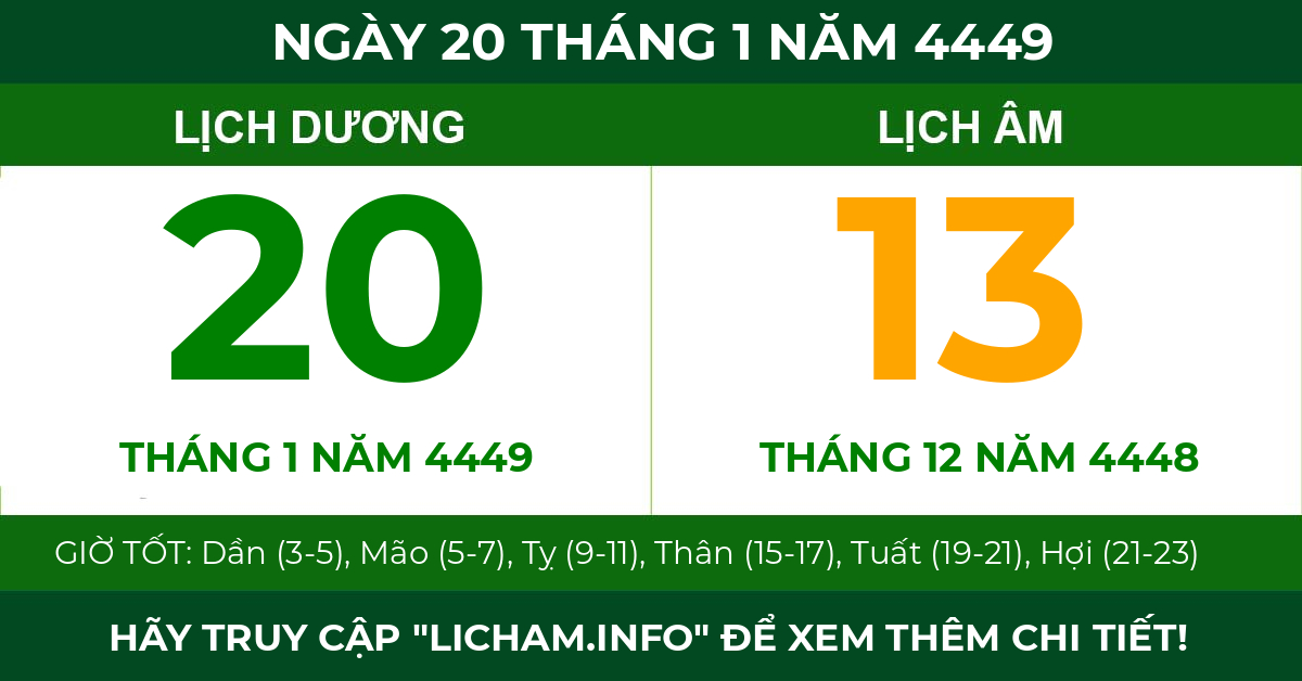 lịch âm ngày 20 tháng 1 năm 4449
