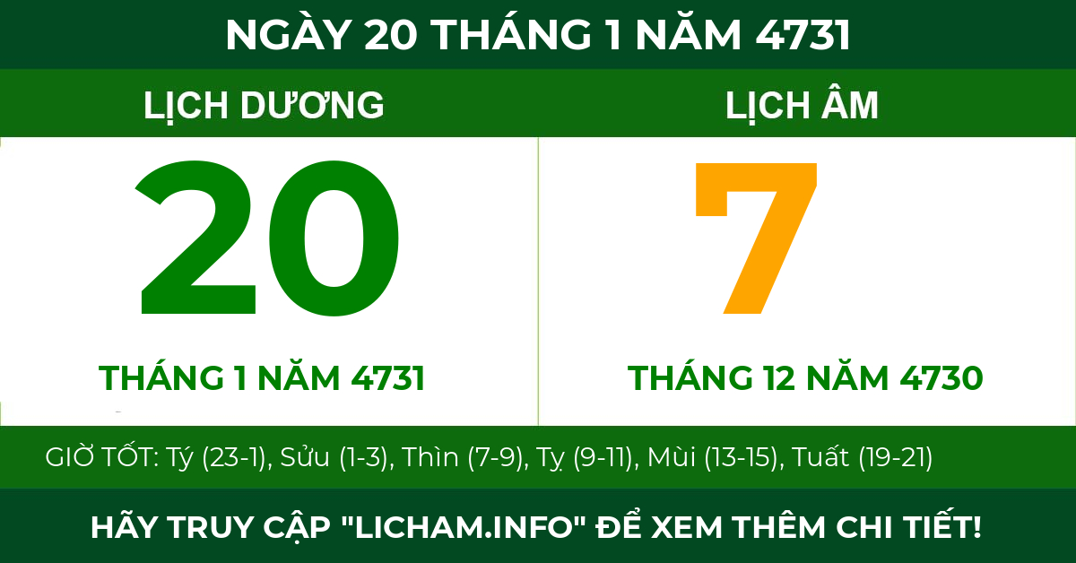 lịch âm ngày 20 tháng 1 năm 4731