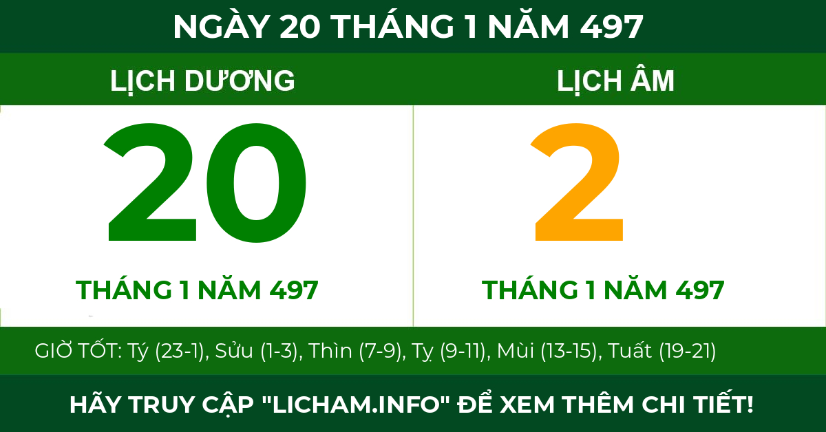 lịch âm ngày 20 tháng 1 năm 497