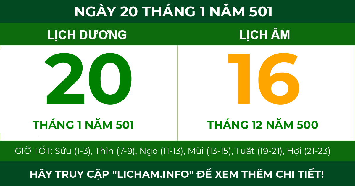 lịch âm ngày 20 tháng 1 năm 501