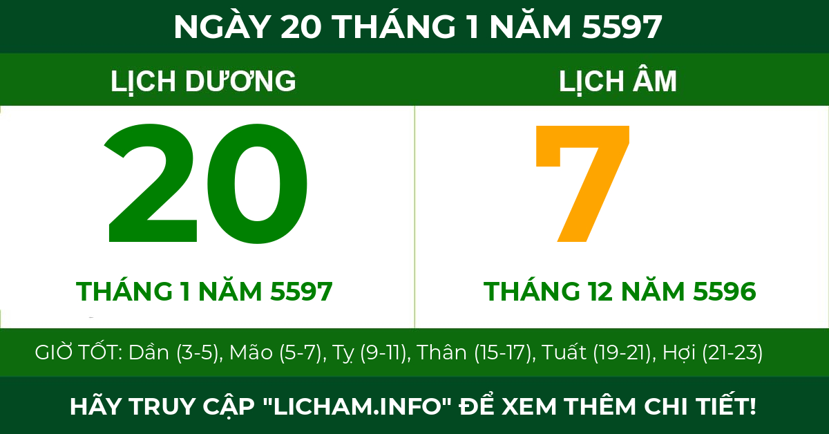 lịch âm ngày 20 tháng 1 năm 5597
