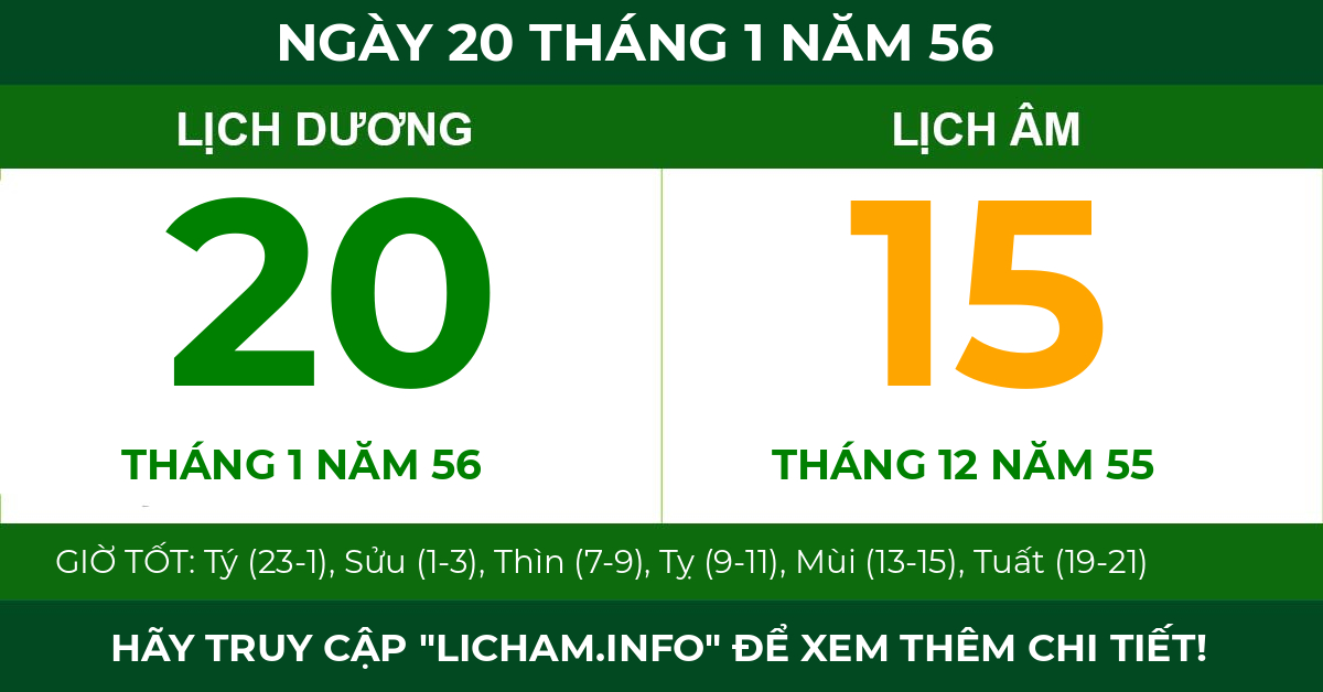 lịch âm ngày 20 tháng 1 năm 56