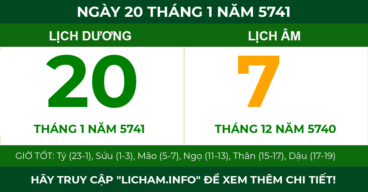 lịch âm ngày 20 tháng 1 năm 5741