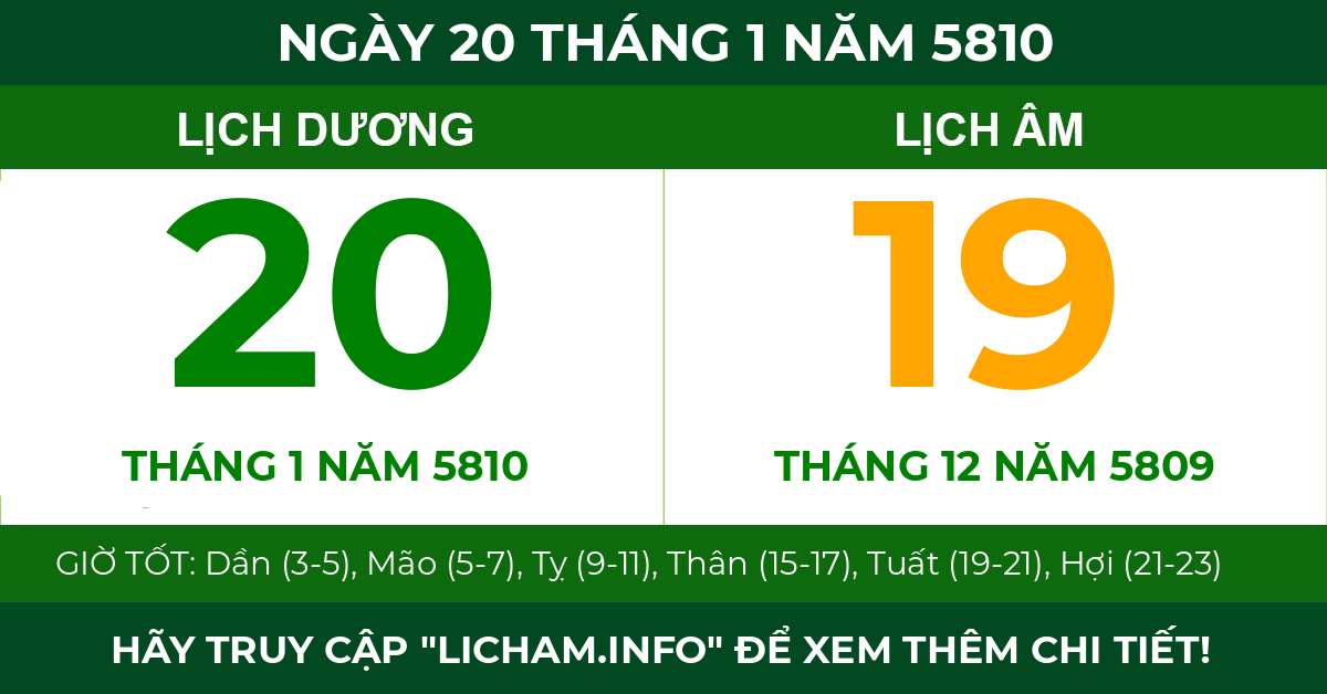 lịch âm ngày 20 tháng 1 năm 5810