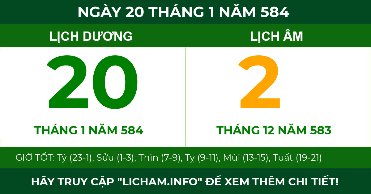 lịch âm ngày 20 tháng 1 năm 584