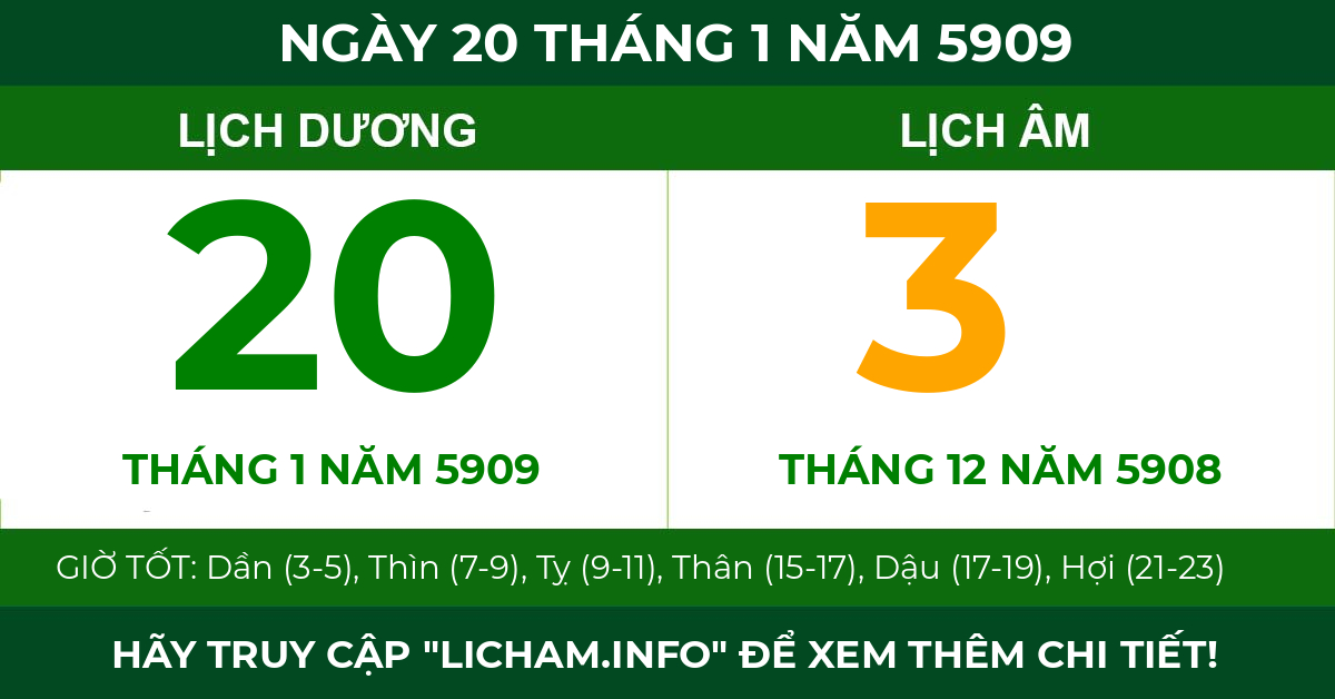 lịch âm ngày 20 tháng 1 năm 5909