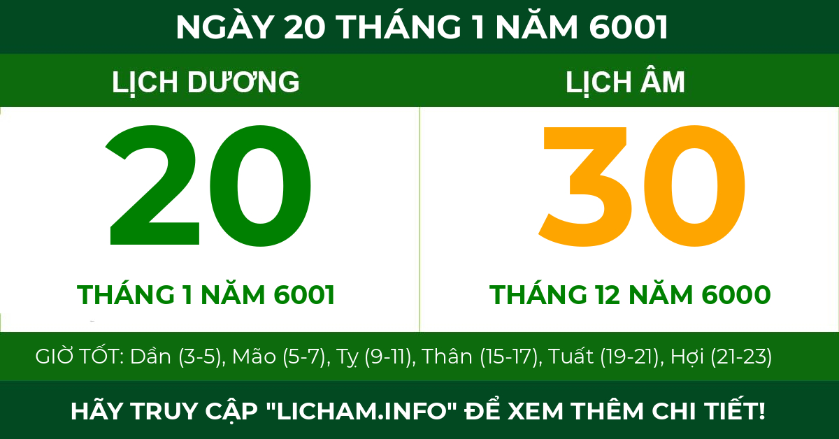 lịch âm ngày 20 tháng 1 năm 6001