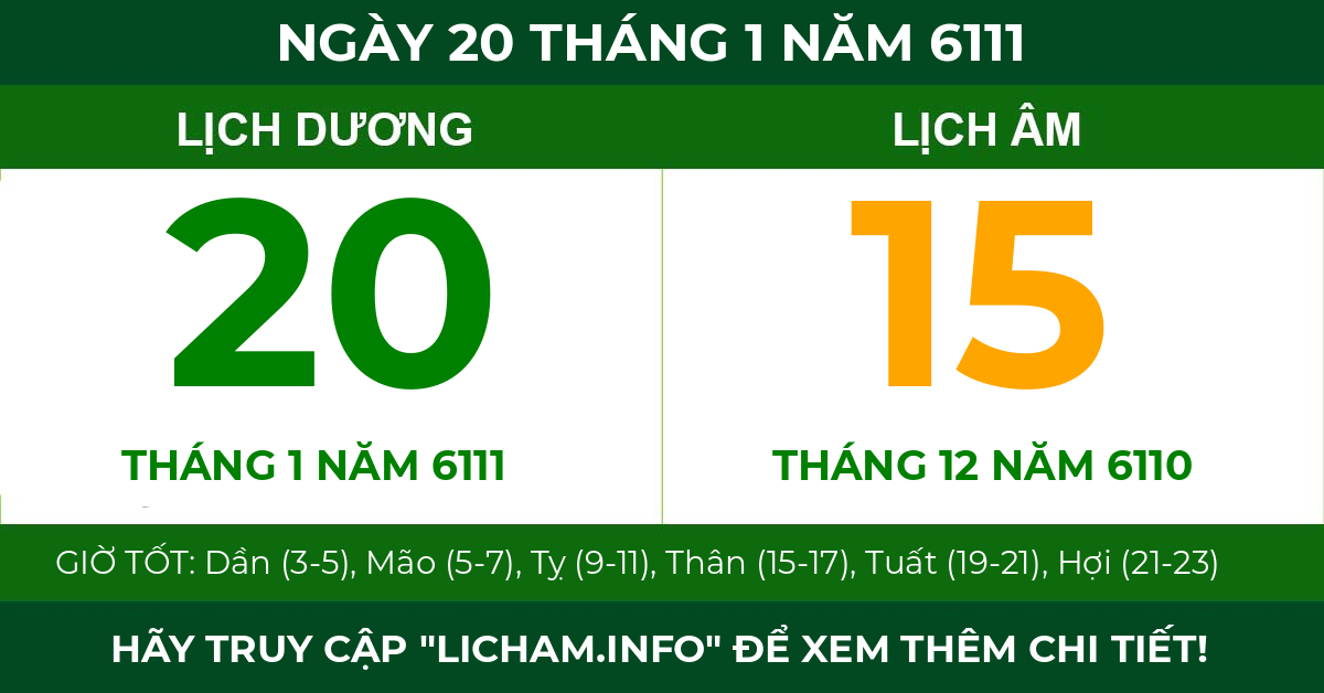 lịch âm ngày 20 tháng 1 năm 6111