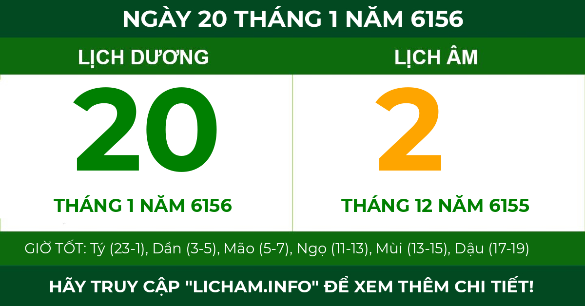 lịch âm ngày 20 tháng 1 năm 6156