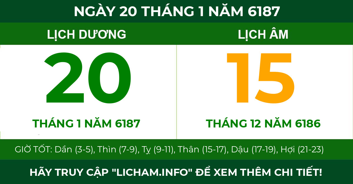 lịch âm ngày 20 tháng 1 năm 6187