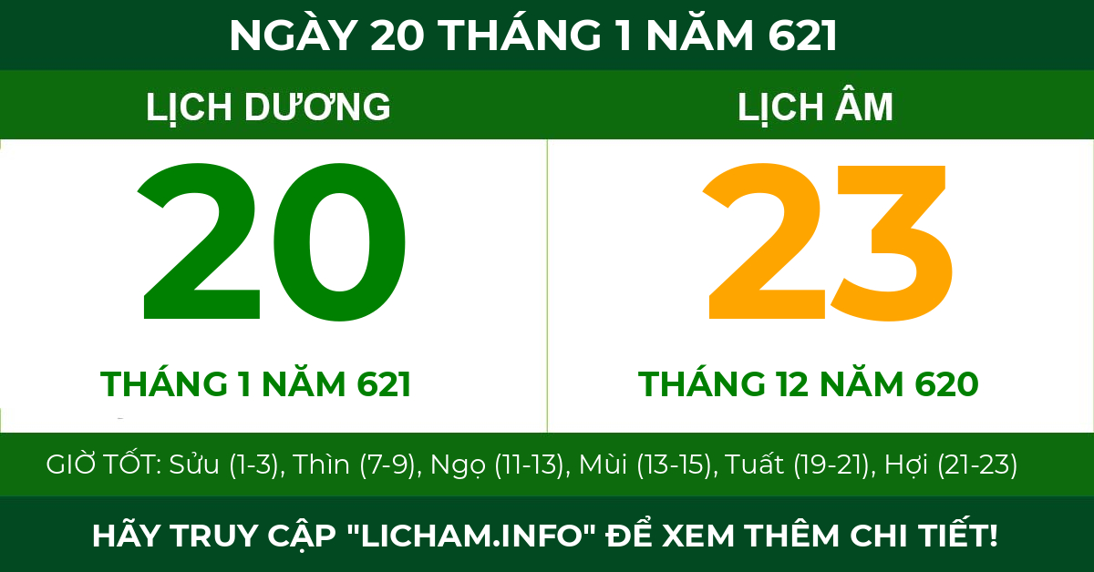 lịch âm ngày 20 tháng 1 năm 621