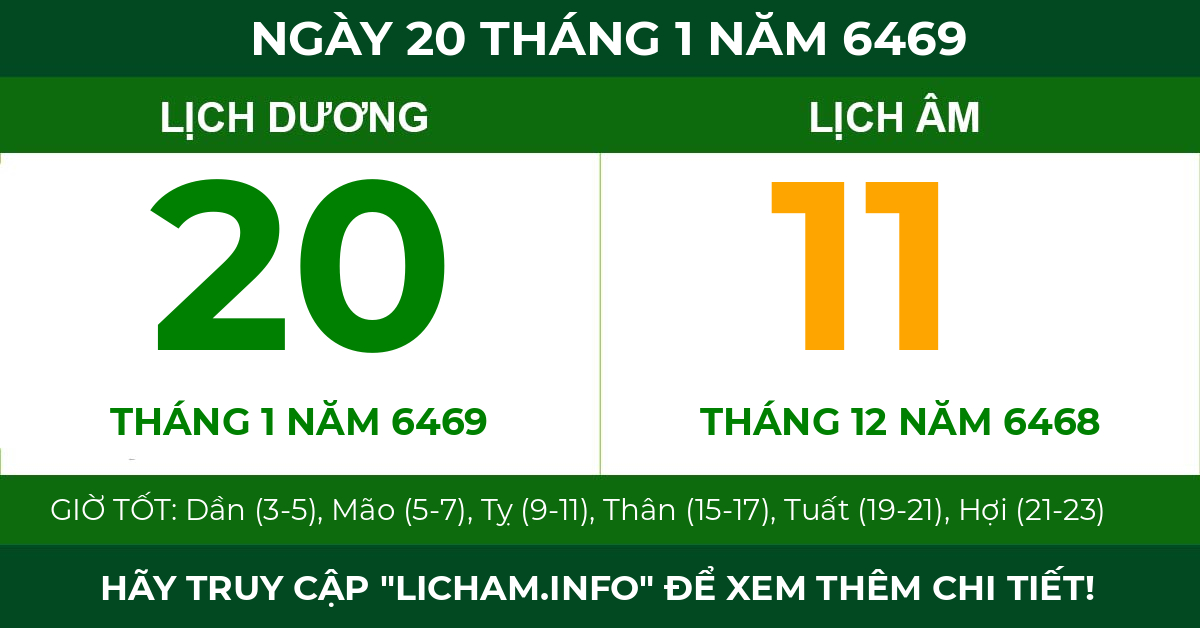 lịch âm ngày 20 tháng 1 năm 6469
