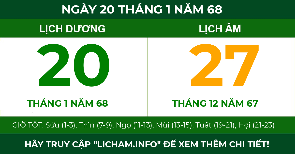 lịch âm ngày 20 tháng 1 năm 68