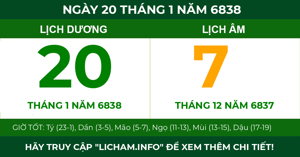 lịch âm ngày 20 tháng 1 năm 6838