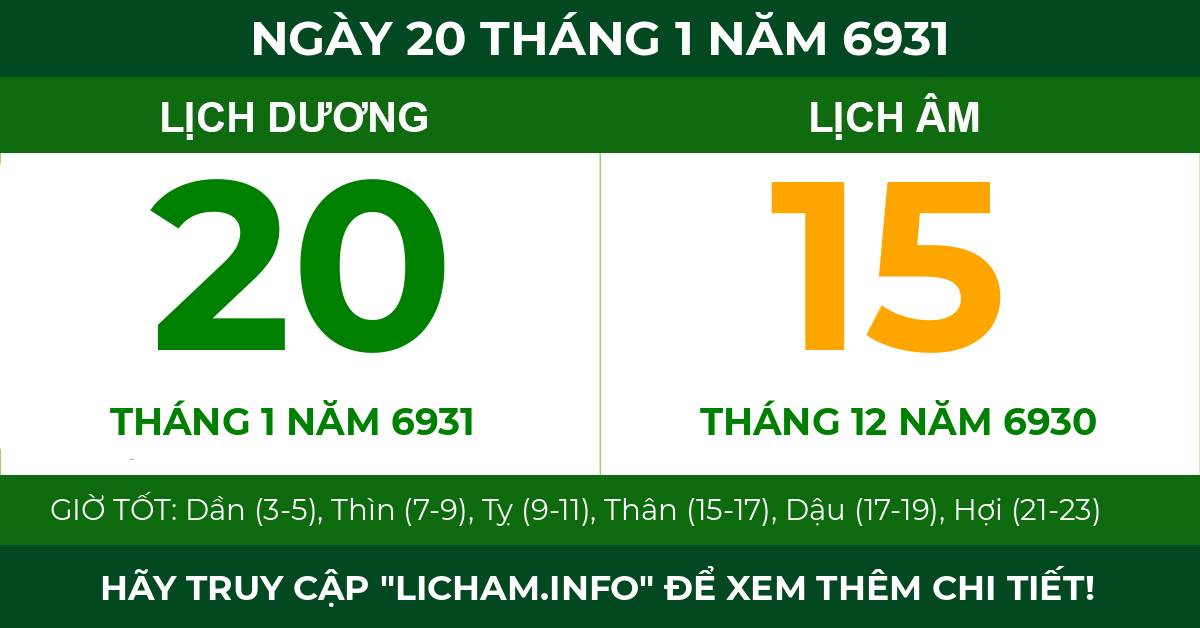 lịch âm ngày 20 tháng 1 năm 6931