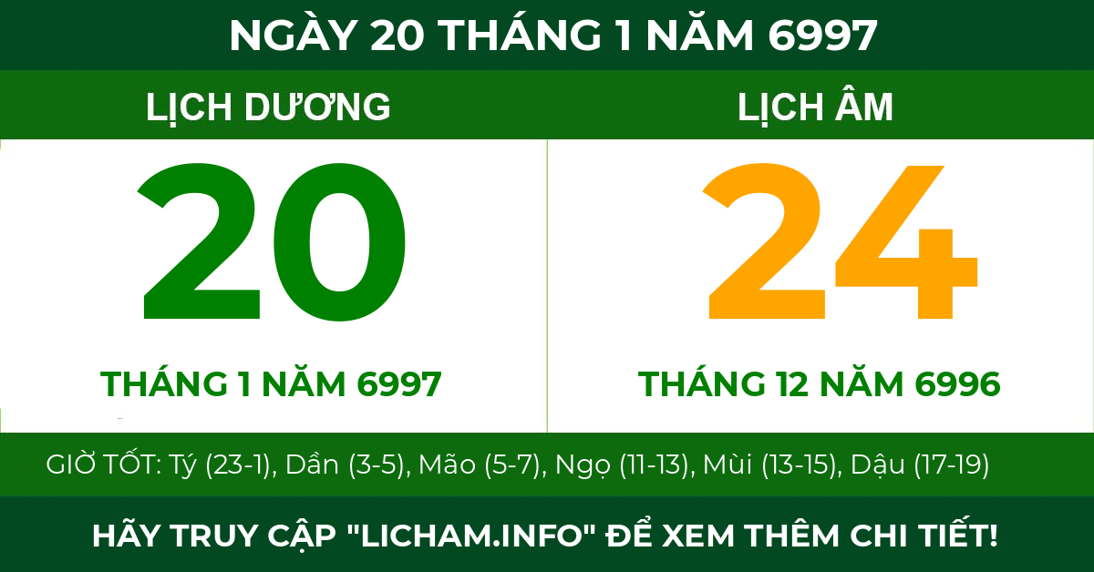 lịch âm ngày 20 tháng 1 năm 6997