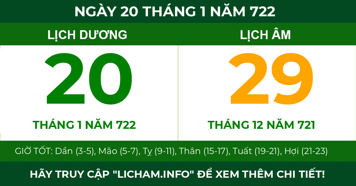 lịch âm ngày 20 tháng 1 năm 722
