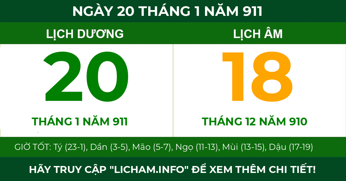 lịch âm ngày 20 tháng 1 năm 911
