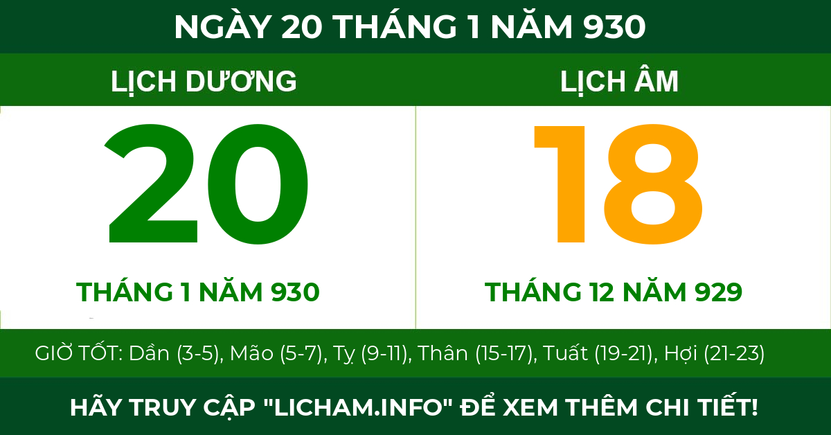 lịch âm ngày 20 tháng 1 năm 930