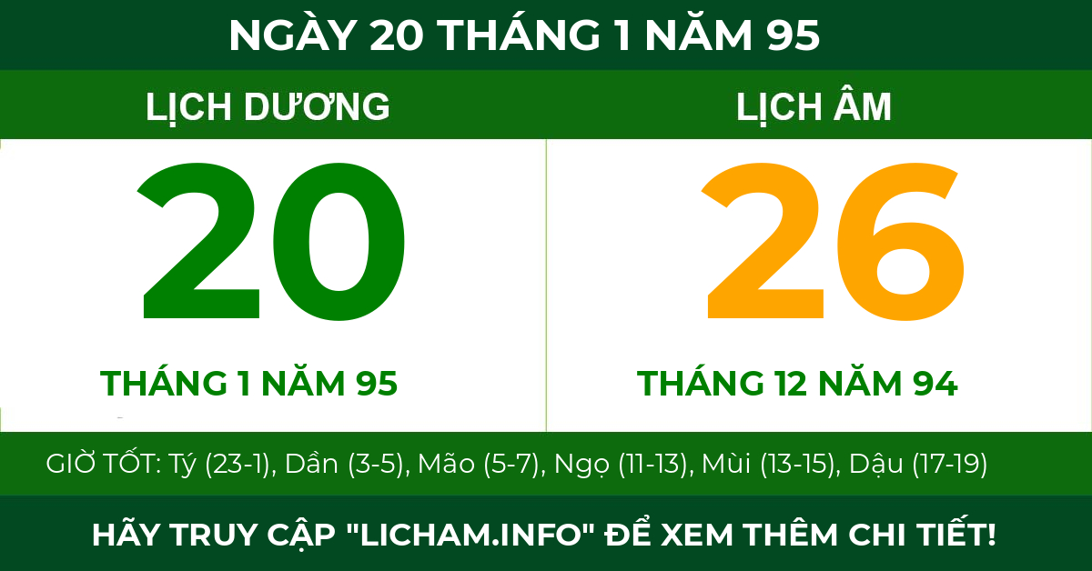 lịch âm ngày 20 tháng 1 năm 95