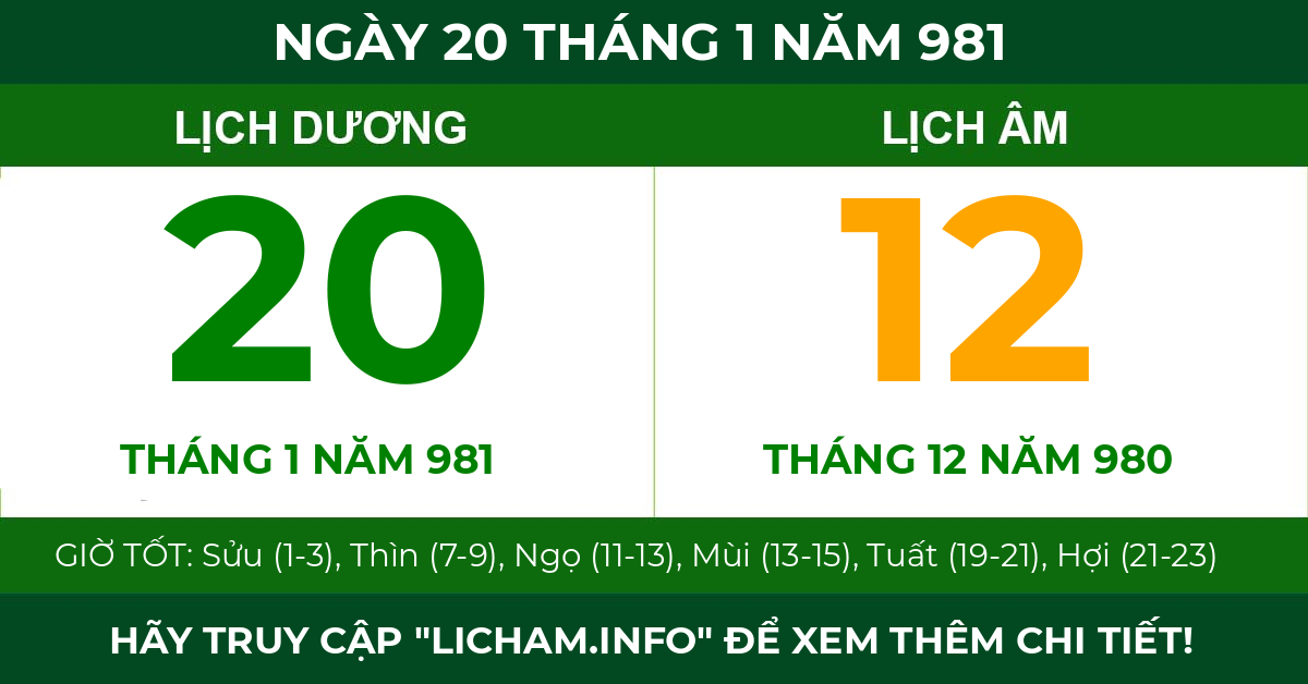 lịch âm ngày 20 tháng 1 năm 981