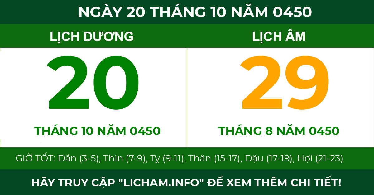 lịch âm ngày 20 tháng 10 năm 0450