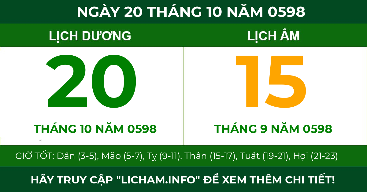 lịch âm ngày 20 tháng 10 năm 0598