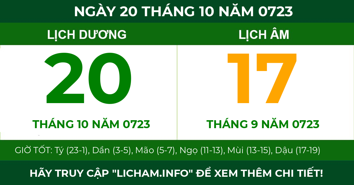 lịch âm ngày 20 tháng 10 năm 0723