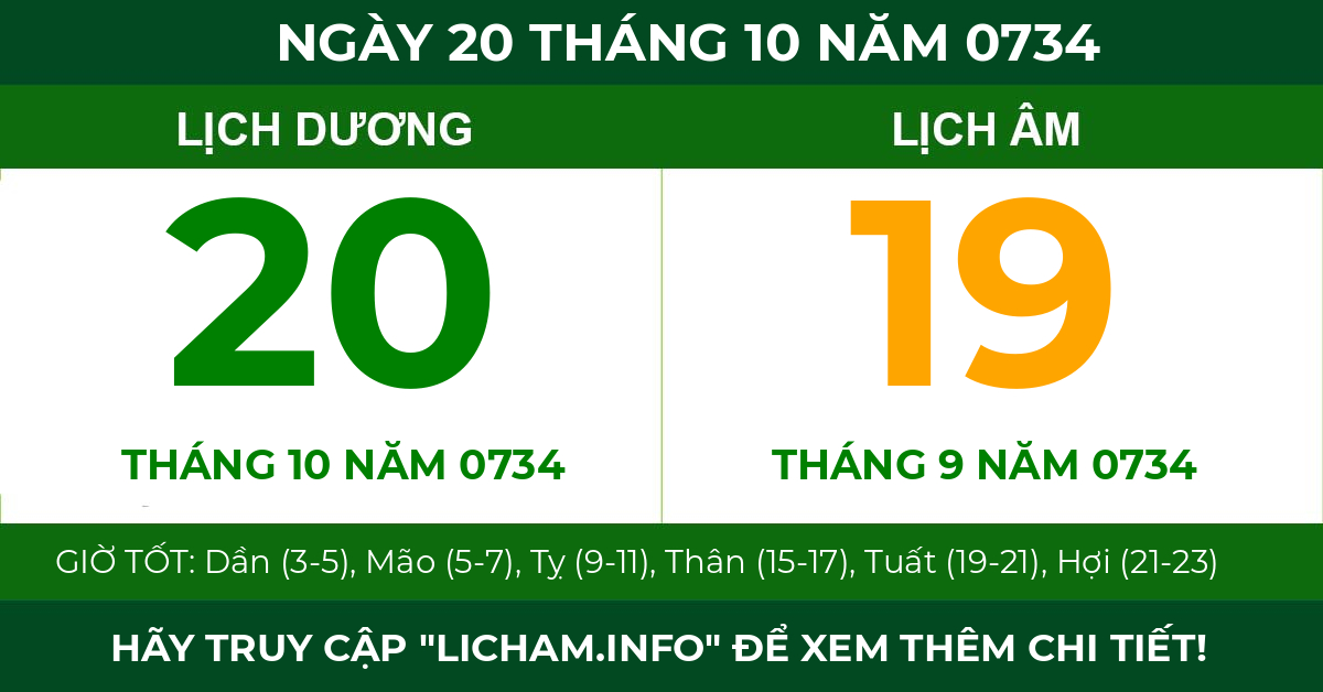 lịch âm ngày 20 tháng 10 năm 0734